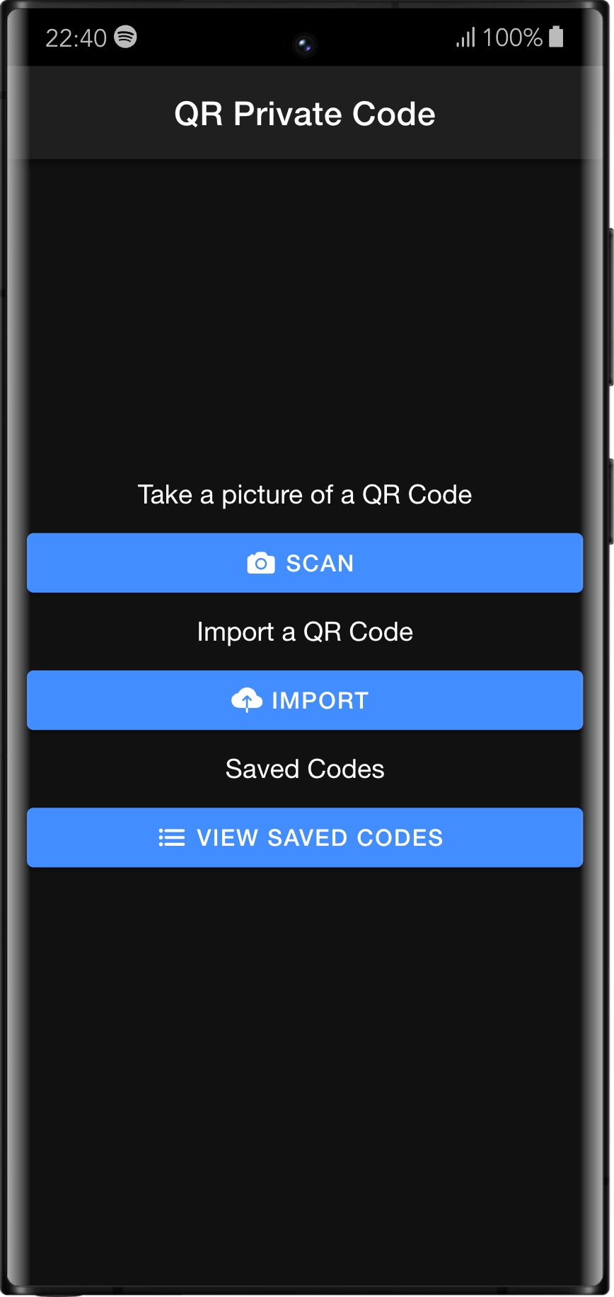 Home Screen - Access all features of QR Private Code