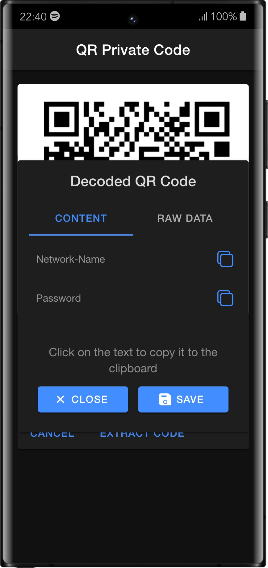 Home Screen - Read the content of a QR code and decide to save it or not